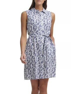 NWT Linen Cotton Blue White Floral Button Down Shirt Dress Size 14
